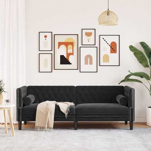 Maison Exclusive - Chesterfield-sohva, jossa on tyynyt, 3 paikkaa, musta sametti