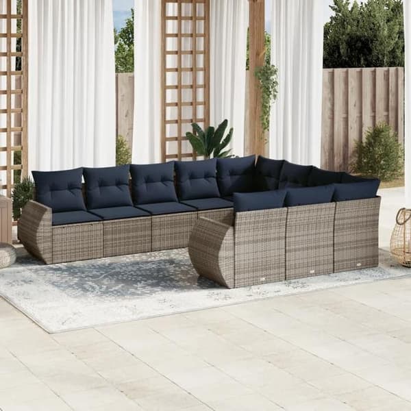 Maison Exclusive - 10-delars trädgårdsoff-set med grå kuddar i flätad resin