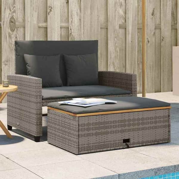 Maison Exclusive - Trädgårdssoffa 2 platser med grå kuddar i flätad resin och akacia Grå (kuddar)