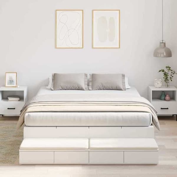 Sengestel - EKSKLUSIV HUS - 135 cm - Indbygget opbevaring - Massivt træ & plader - Lamelseng Vit