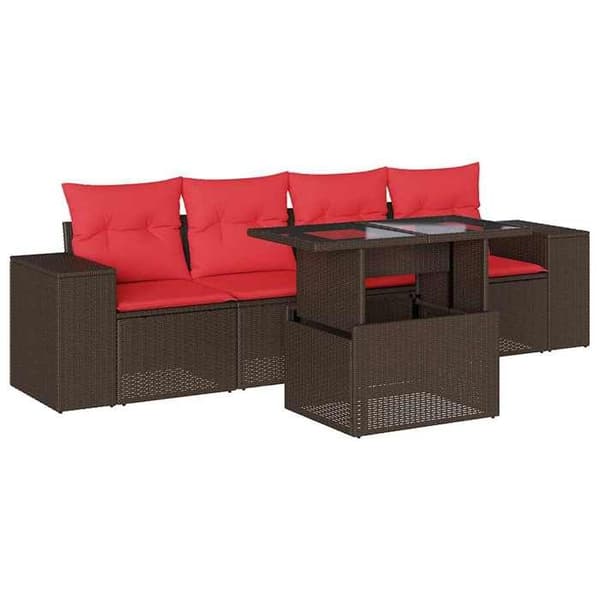 Maison Exclusive - 5-delars trädgårdsoff-set med bruna kuddar i flätad resin Marron (kuddar)