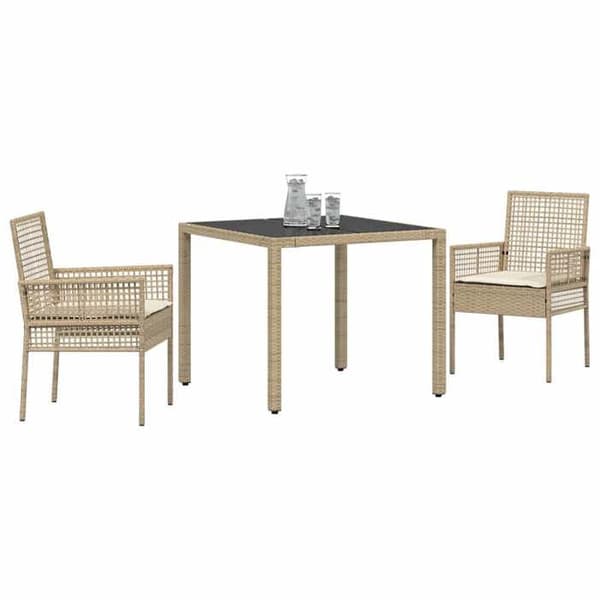 Spisestue sæt - EKSKLUSIV HUS - 3 dele - Beige - Poly rattan - Tempereret glas plade beige