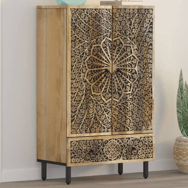 Buffet høj - EKSKLUSIV HUS - Håndskårne blomsterdesigns - Massivt mangotræ - 60x33x100 cm - Jernben