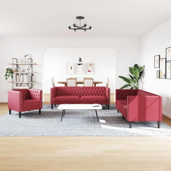 Maison Exclusive - Chesterfield soffgrupp 3 delar röd vinröd konstläder