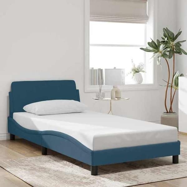 Sengestel - EKSKLUSIV HUS - Dover - 100x200 cm - Blå velour - Integreret hovedgærde Blå