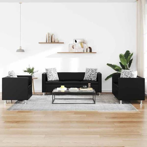 Sofa sæt - Eksklusivt hjem - Sort - Holdbart kunstlæder - 3-delt sæt (3p+2p+stol) Svart