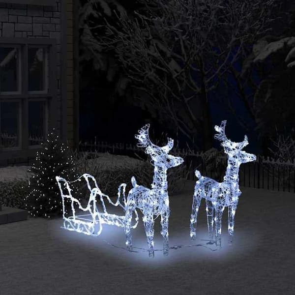 Julepynt - EKSKLUSIV HUS - 2 rensdyr og slæde - 160 LED 130 cm - Kold hvid - USB