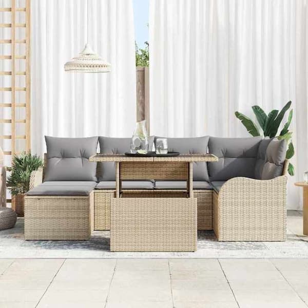 Trädgårdsmöbelset - EXKLUSIV HEM - 7 delar - Beige - Polyrotting - Justerbart bord beige