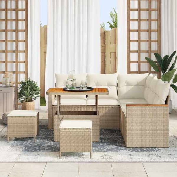 Trädgårdsmöbelset - EXKLUSIV HEM - 8 delar - Beige polyrotin - Modulär - Akaciabord beige