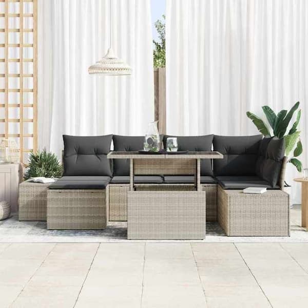 Trädgårdsmöbler - EXKLUSIVT HUS - 7-delars set - Ljusgrå - Poly rattan - Justerbart bord Ljusgrått