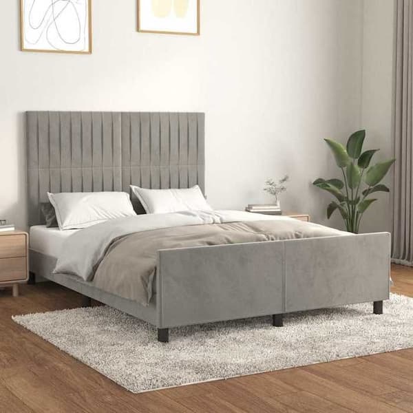 Sengestel - EKSKLUSIV HUS - 140x200 cm - Lys grå velour - Justerbar hovedgærde - Lamelseng ljusgrått