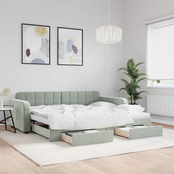 Lisävuode - MAISON EXCLUSIVE - Päivävuode, jossa on vetolaatikot ja alavuode - Vaaleanharmaa sametti - 90x190 cm - 2-in-1 sohva-vuode ljusgrått