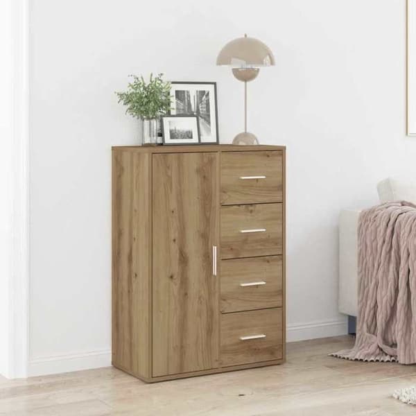Buffet - EKSKLUSIVT HUS - Håndlavet eg - 60 x 31 x 84 cm - Ingeniørtræ - Sølvfarvede greb