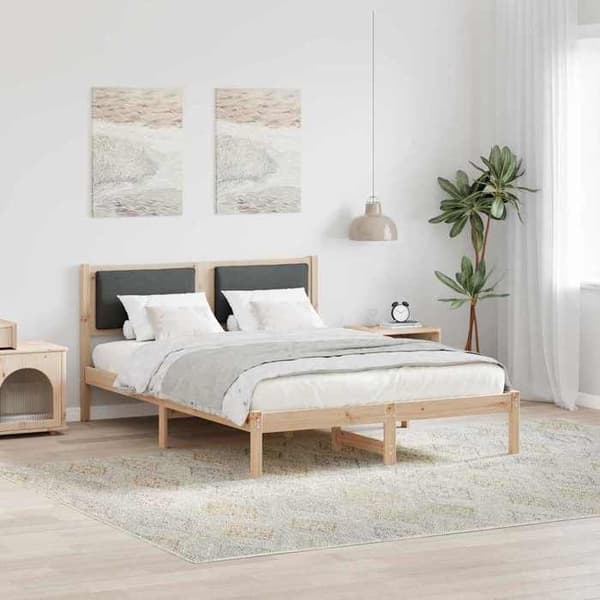 Sengestel - EKSKLUSIV HUS - 140 x 190 cm - Massivt fyrretræ - Polyester hovedgærde - Mørkegrå Mörkgrå