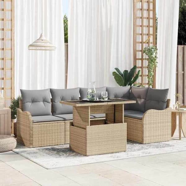 Havemøbler - EKSKLUSIVT HUS - Modulerbar 6 personer - Rektangulær - Poly rattan beige - Bord i hærdet glas