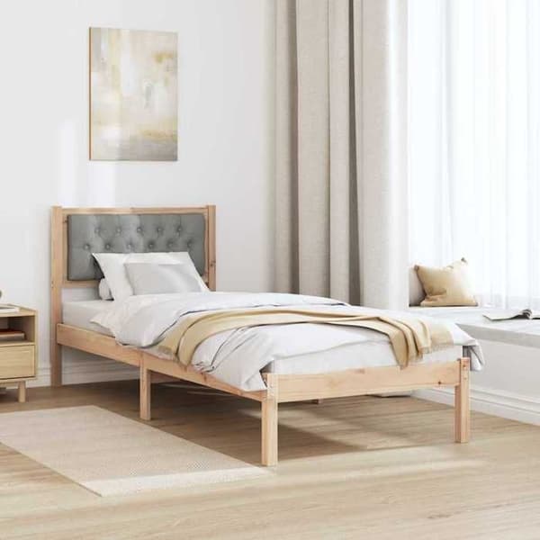 Sengestel - EKSKLUSIV HUS - 90 x 200 cm - Massiv fyr - Polstret hovedgærde i lys grå - Lamelseng Ljusgrått
