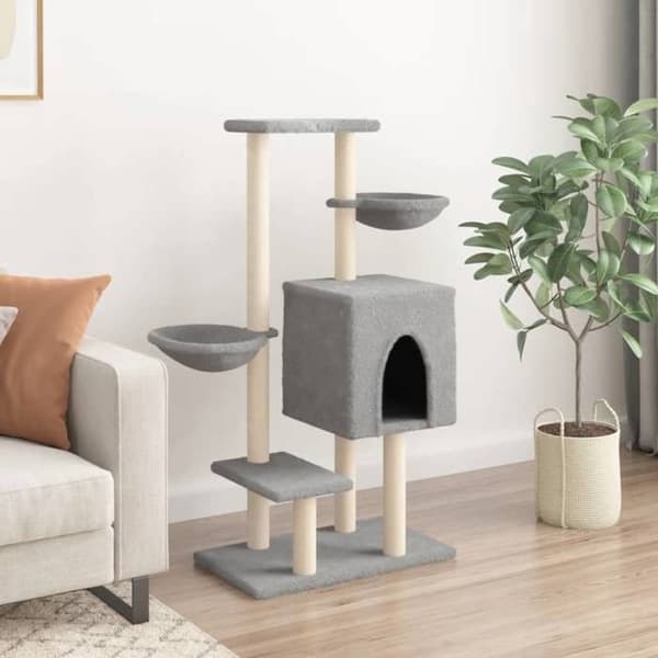 Kattetræ - Eksklusivt hus - lys grå - 117 cm - sisal stolper ljusgrått