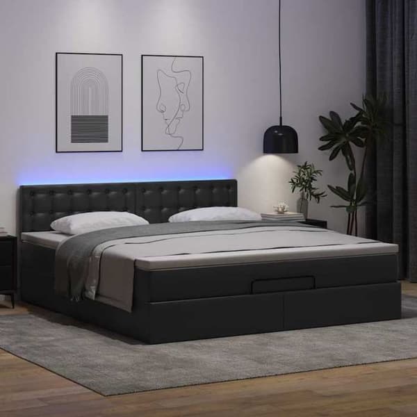 Lys ottoman - Maison Exclusive - 160x200cm - Simil læder sort - Opbevaring & integreret LED Svart vit