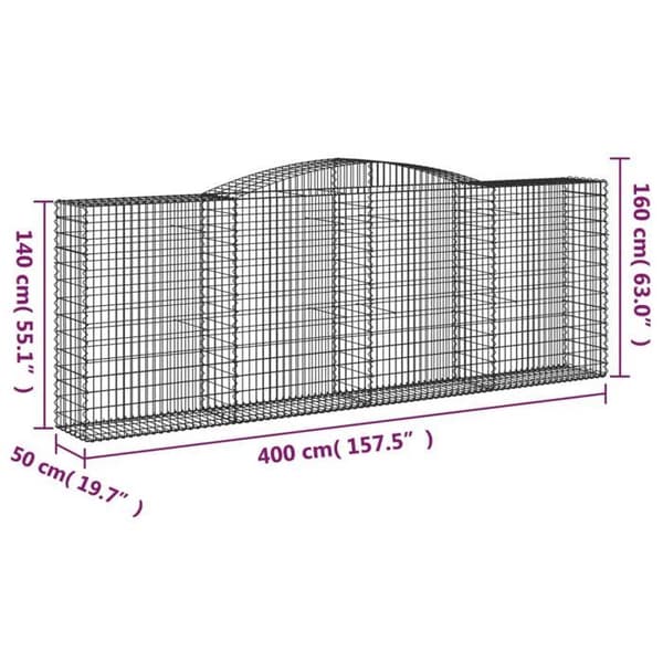 Gabionkorgar - bågmodeller - 9 delar - 400×50×140/160 cm - galvaniserat järn silver-