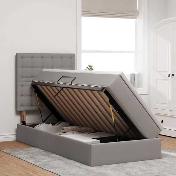 Sengestel med madras - EKSKLUSIV HUS - 100 x 200 cm - Taupe - Kunstlæder - Hydraulisk side løftemekanisme Mol