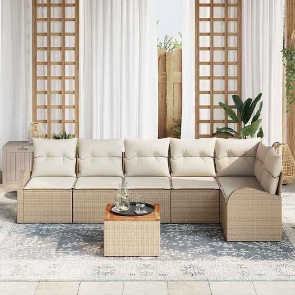 Maison Exclusive - 7 osan beige ja kerma polyrottinkinen puutarhakalustesetti