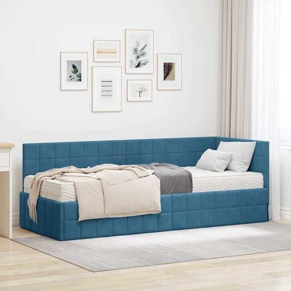 Sengestel med madras - EKSKLUSIV HUS - Rektangulær - Blå velour - Madras med medium fasthed - Væghængt hovedgærde Sammetsblå