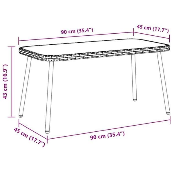 Bord - EKSKLUSIV HUS - 90 x 45 x 43 cm - Poly rattan - Glasplade - Sort