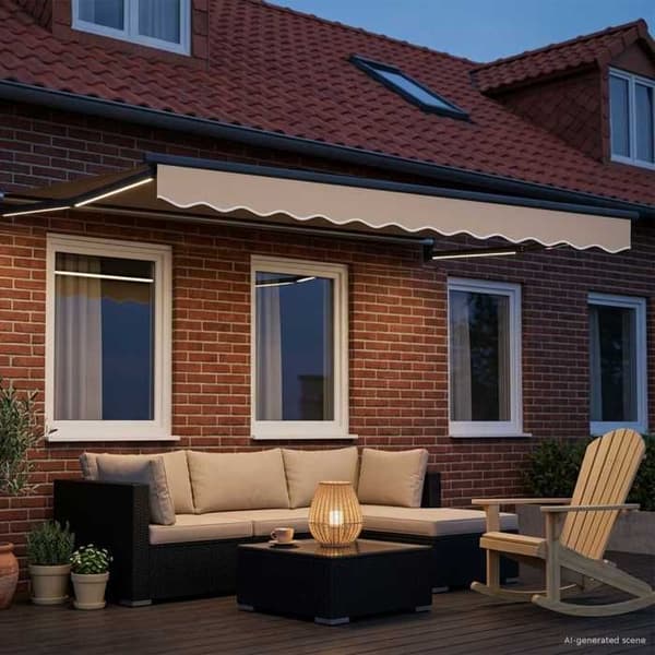 Fällbart tak - EXKLUSIVT HUS - 3,5 x 2 m - Elektrisk - LED & väder sensor - Beige aluminiumstruktur beige