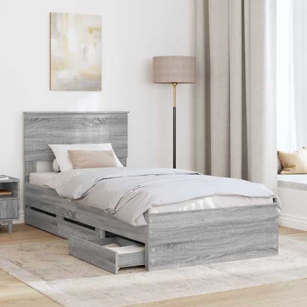 Sengestel - EKSKLUSIV HUS - Standardmodel - Ingeniørtræ - Skjulte skuffer - Grå 200x93 cm