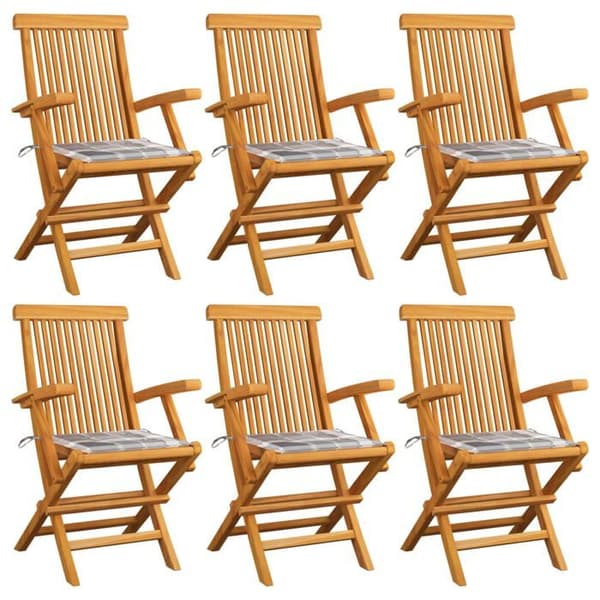 Trädgårdsstolar - Grå rutiga kuddar - Massivt teak - Fällbara - Set om 6 Grå (rutiga kuddar)