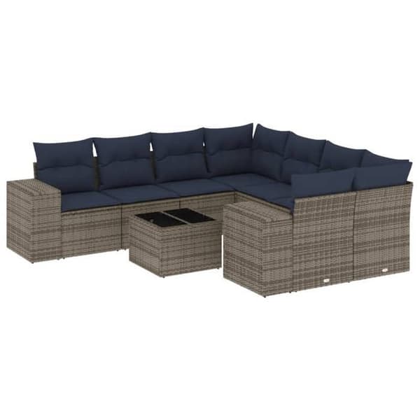 Modulær have-sofa - EKSKLUSIV HUS - Sæt 9 stk - Grå - Vævet PE-rattan - Tempereret glasplade Grå (grå kuddar)