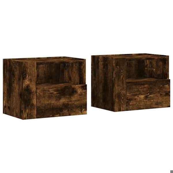 Väggmonterad sängbord - EXKLUSIV HEM - 45 x 30 x 35 cm - Rökig ek - 1 låda - Väggmontering Rökt ek