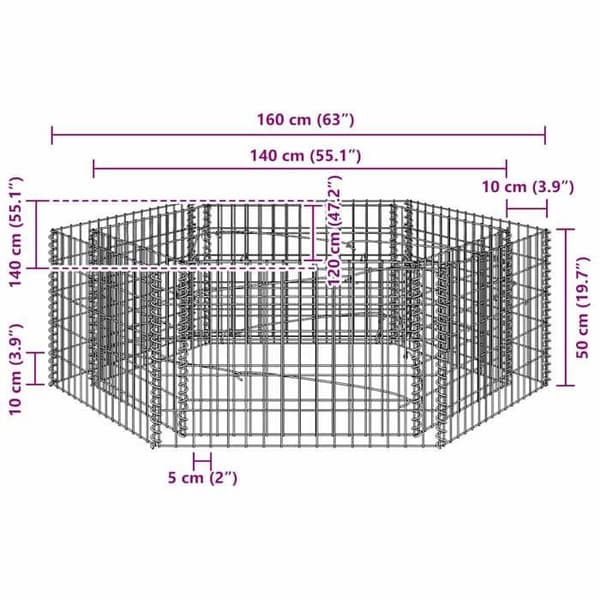 Maison Exclusive - Hexagonal gabion hævet seng 160x140x50 cm silver-