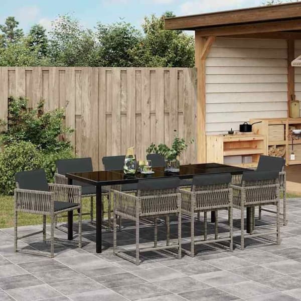 Trädgårdsmöbelset - EXKLUSIVT HUS - 9 delar - Grå - Poly rattan & stål - Glasbordsskiva Grå