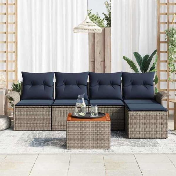 Modulær have-sofa - EKSKLUSIV HUS - Sæt med 6 dele - Poly rattan - Grå & marineblå - Akacietræ bord Grå och marinblå