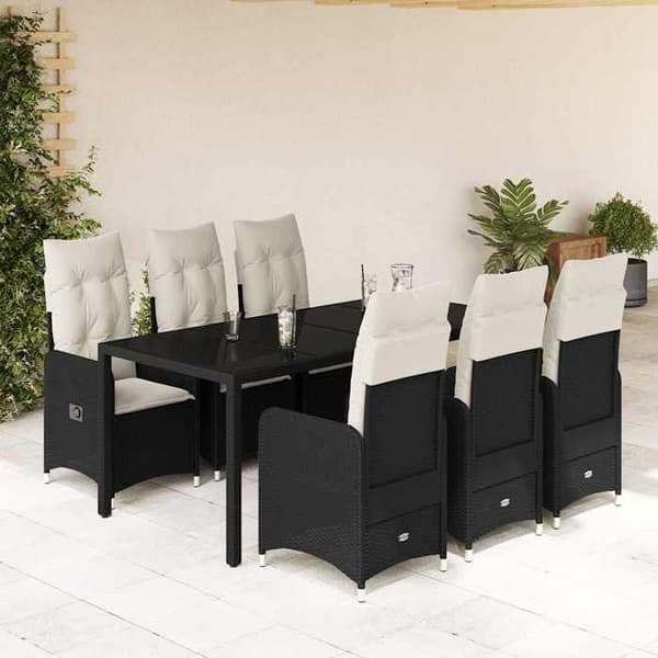 Ensemble bistro - EKSKLUSIVT HUS - 7 dele - Holdbart poly rattan - Vaskbare tykke puder - Tempereret glasplade Svart