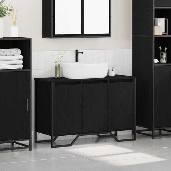 Under-vask skab - EKSKLUSIV HUS - Rektangulær - Sort eg - 91x35x60 cm - Sort stålramme, skuffer svart ek