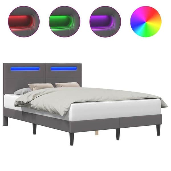 Sengestel - EKSKLUSIV HUS - 140 x 200 cm - Grå kunstlæder - Multifarvede LED-striber USB - Lamelseng Grå