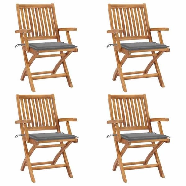 Trädgårdsstolar - Exklusivt Hem - Massivt Teak - Fällbara - Grå Kuddar (set om 4) Grå (kuddar)