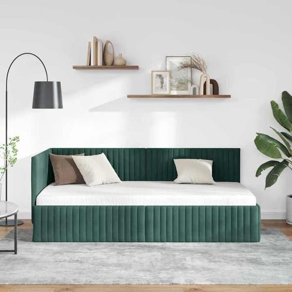 Sängram i hörn - EXKLUSIV HEM - Sammet - Mörkgrön - 90x200 cm - L-formad design Mörkgrön