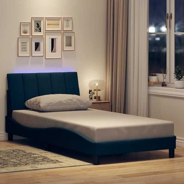 Sengestel - EKSKLUSIV HUS - Hanko - 100 x 200 cm - Blå stof - Indbyggede LED Blå