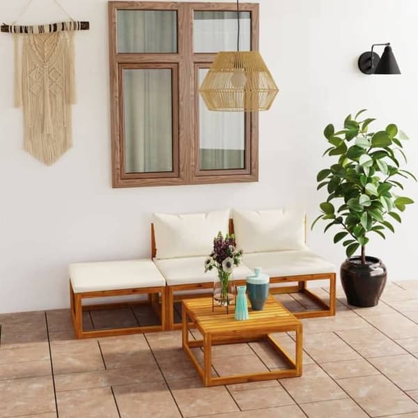 Maison Exclusive - Havegruppe 4 stk med cremefarvede puder i solid akacietræ Grädde