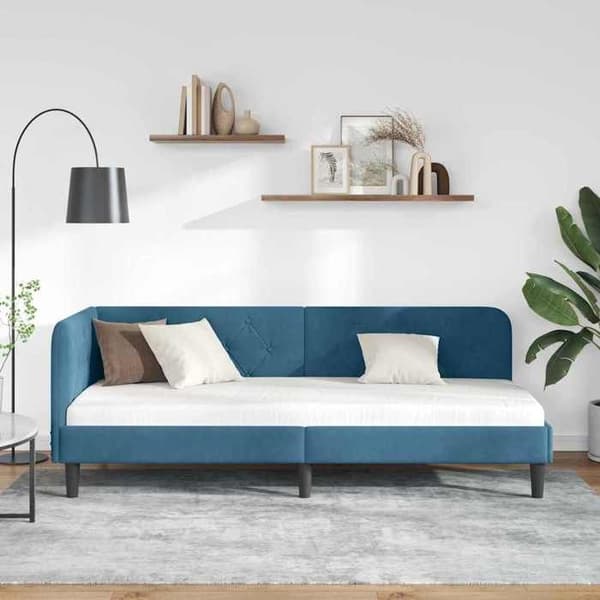 Sängram - EXKLUSIV HEM - Hörnsängram (L) - Blå sammet - 80 x 200 cm - Konvertibel soffa-säng Blå