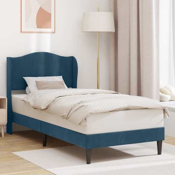 Sengestel - EKSKLUSIV HUS - 100 x 200 cm - Velour hovedgærde - Lamelleramme - Sorte spidse ben Blå