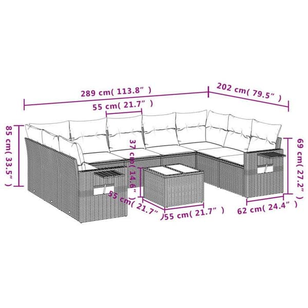 Maison Exclusive - Puutarhakalusteet tyynyillä 10 kpl harmaa punottu muovi Grå