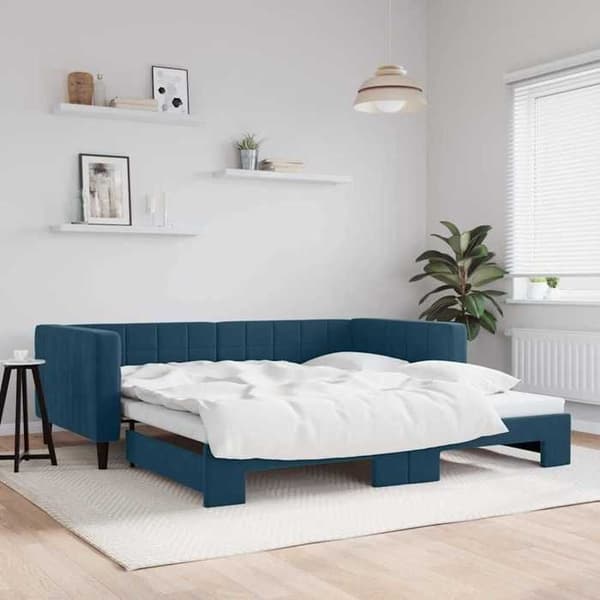 Dagseng - EKSKLUSIV HUS - Seng med udtræk - 100x200 cm - Blå velour - Lamelseng Blå