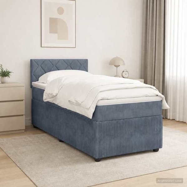 Sengestel med madras - EKSKLUSIV HUS - Box spring seng med LED - Mørkegrå velour - 90 x 190 cm - Justerbar hovedgærde Mörkgrå