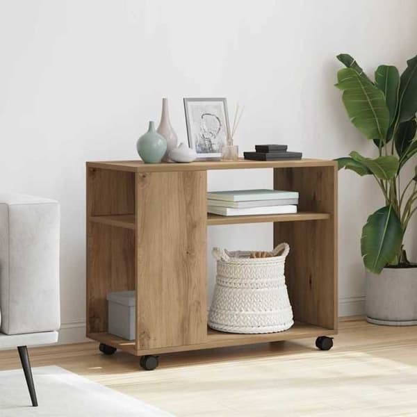 Maison Exclusive - Sidebord med hjul i håndlavet egetræ og ingeniørtræ