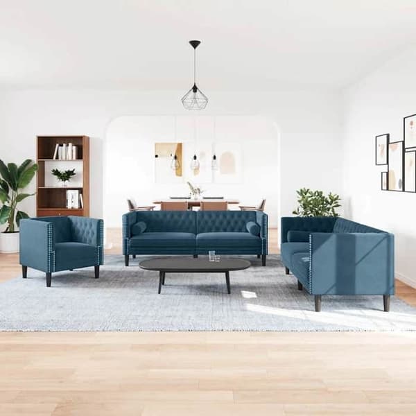 Maison Exclusive - Chesterfield-sohvaryhmä ja 3 kpl tyynyjä sinisessä sametissa