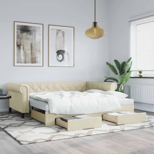 Päivävuode - EXCLUSIVE-KOTI - 90x200 cm - vuodesohva - 2 säilytyslaatikkoa - vaaleanbeige keinonahka Grädde